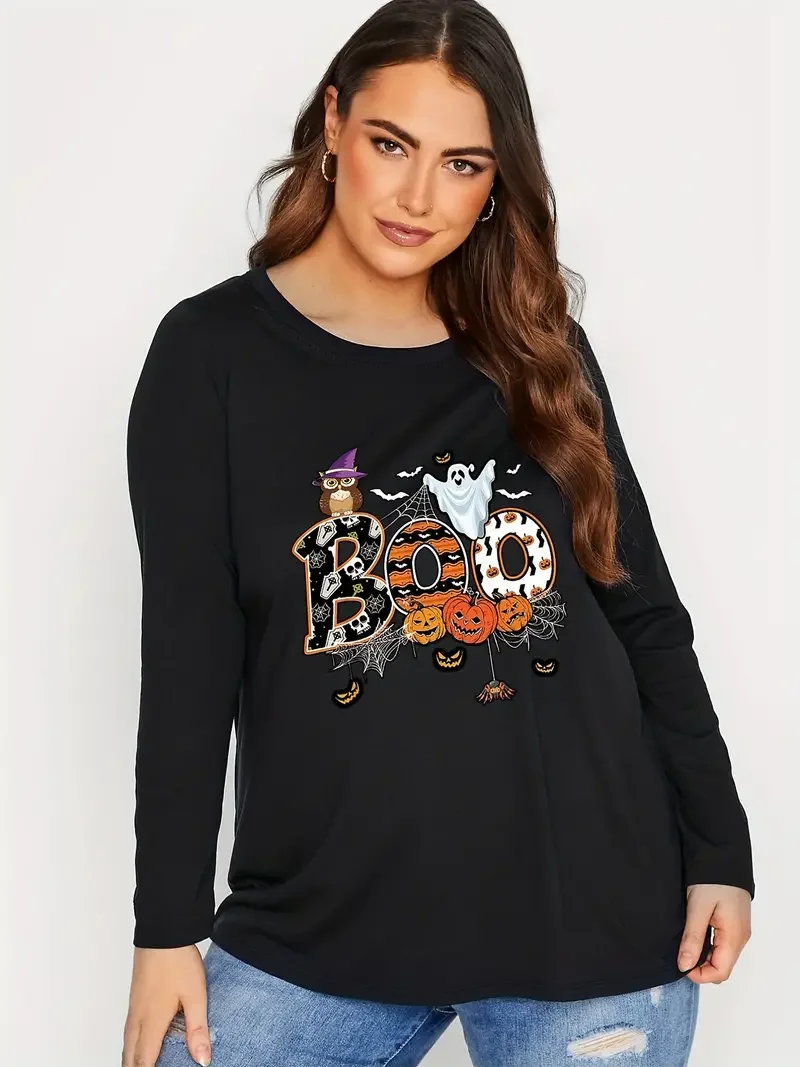 Plus Size Halloween T-shirt, Women's Plus Graphic Print Slight Stretch Long Sleeve Tee