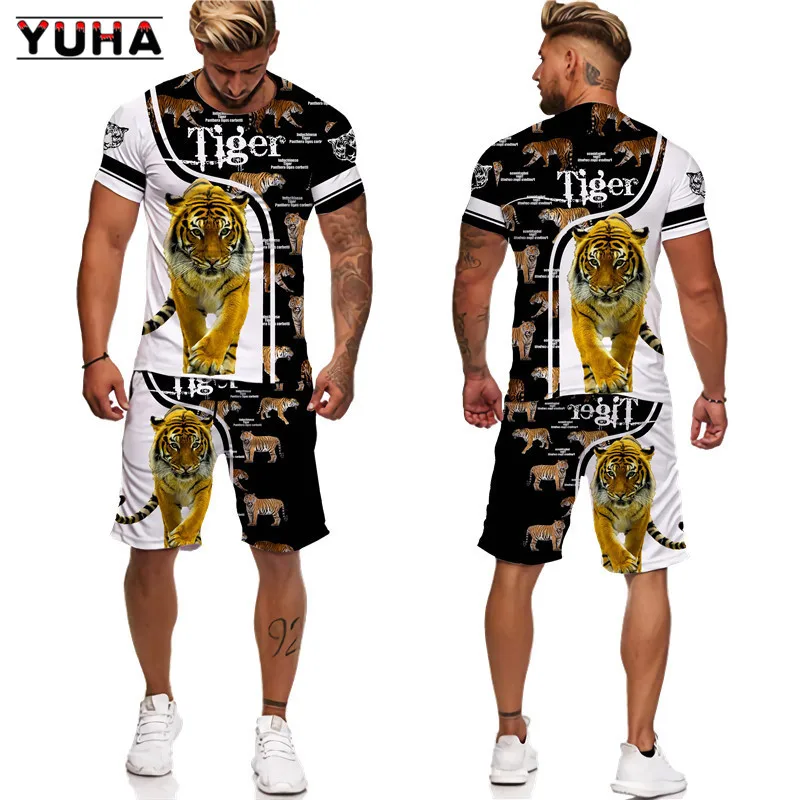 YUHA,Tiger King 3D Printed Men\'s T-shirt+Shorts Suit Unisex Cool Animal Summer O-Neck Tops Men/Women Couple Sport Wear Tracksuit