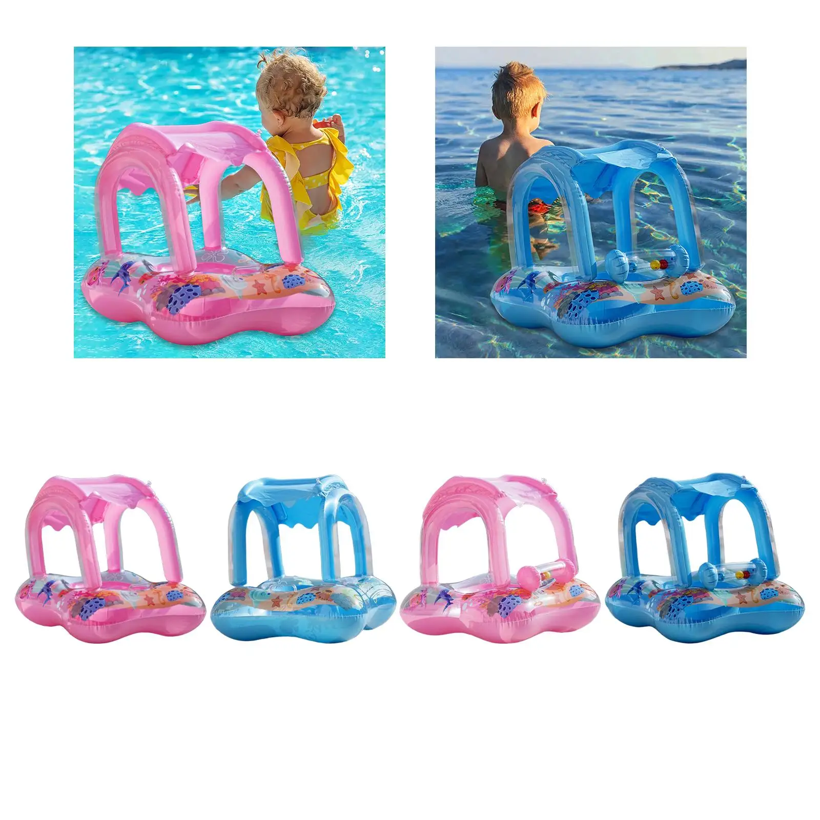 Inflatable Baby Pool Float with Sun Protection Canopy Durable Pool Floatie Baby Swimming Ring for Infants Kids Beginner Swimmers