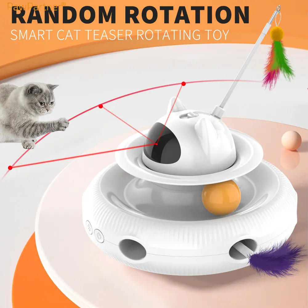 PawPartner Cat Smart Teaser Toy Pet Turntable Catching Training Toys USB Charging 4 IN 1 Kitten Toy with Feather Laser Trackball
