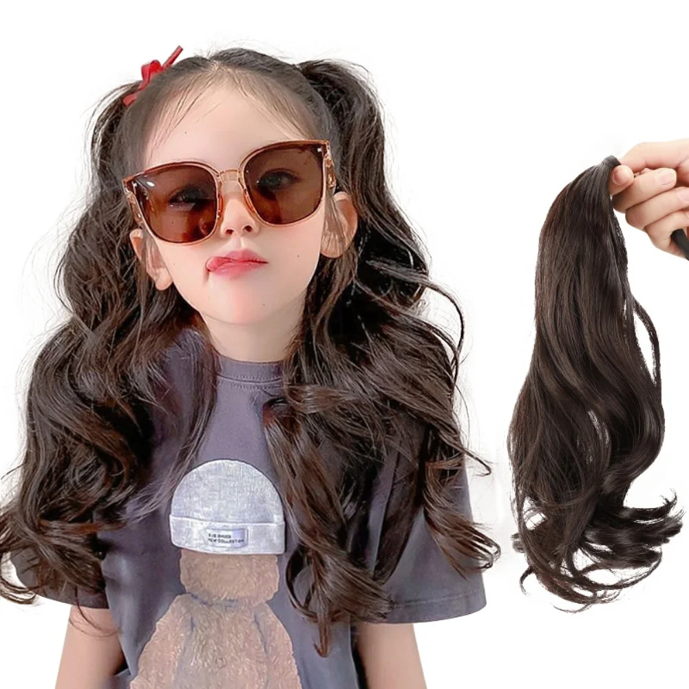 Children Wig Big Wavy Hair Extension Fluffy Natural Tie Ponytail Synthetic Hair Extension Children Medium Length Curly Hair