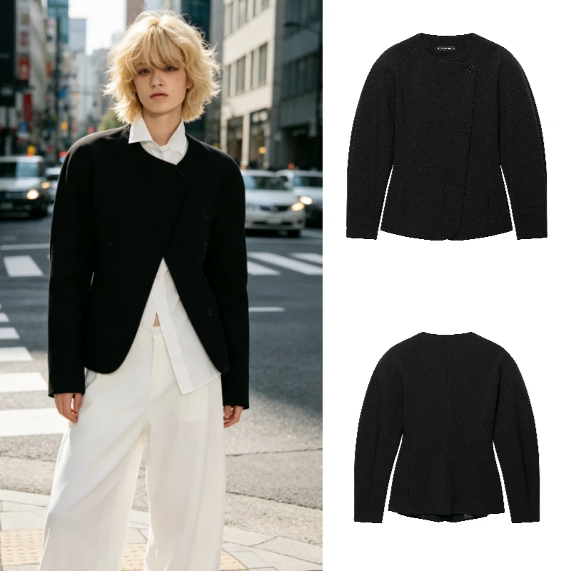Women's Jacket 2026 Autumn New Fashion Collarless Slim Fit Cropped Waist Cinched European Style Black Coat