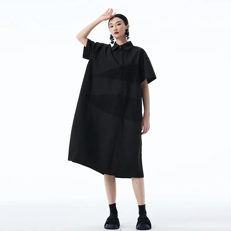 Simple retro short sleeved shirt dress, spliced grid plus size long skirt, summer temperament casual loose A-line skirt 2025 new