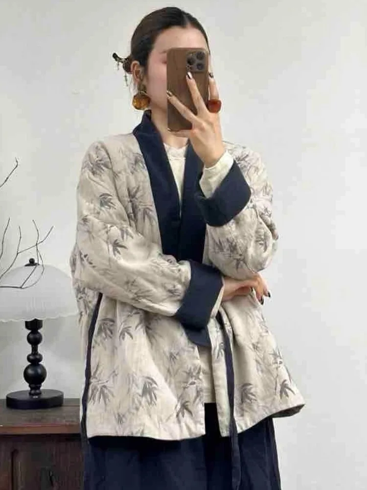 

New Chinese Zen Style Women's Cotton Jacket Linen Thickened Long Cross Collar Winter Warm Outerwear Traditional Hanfu Coat