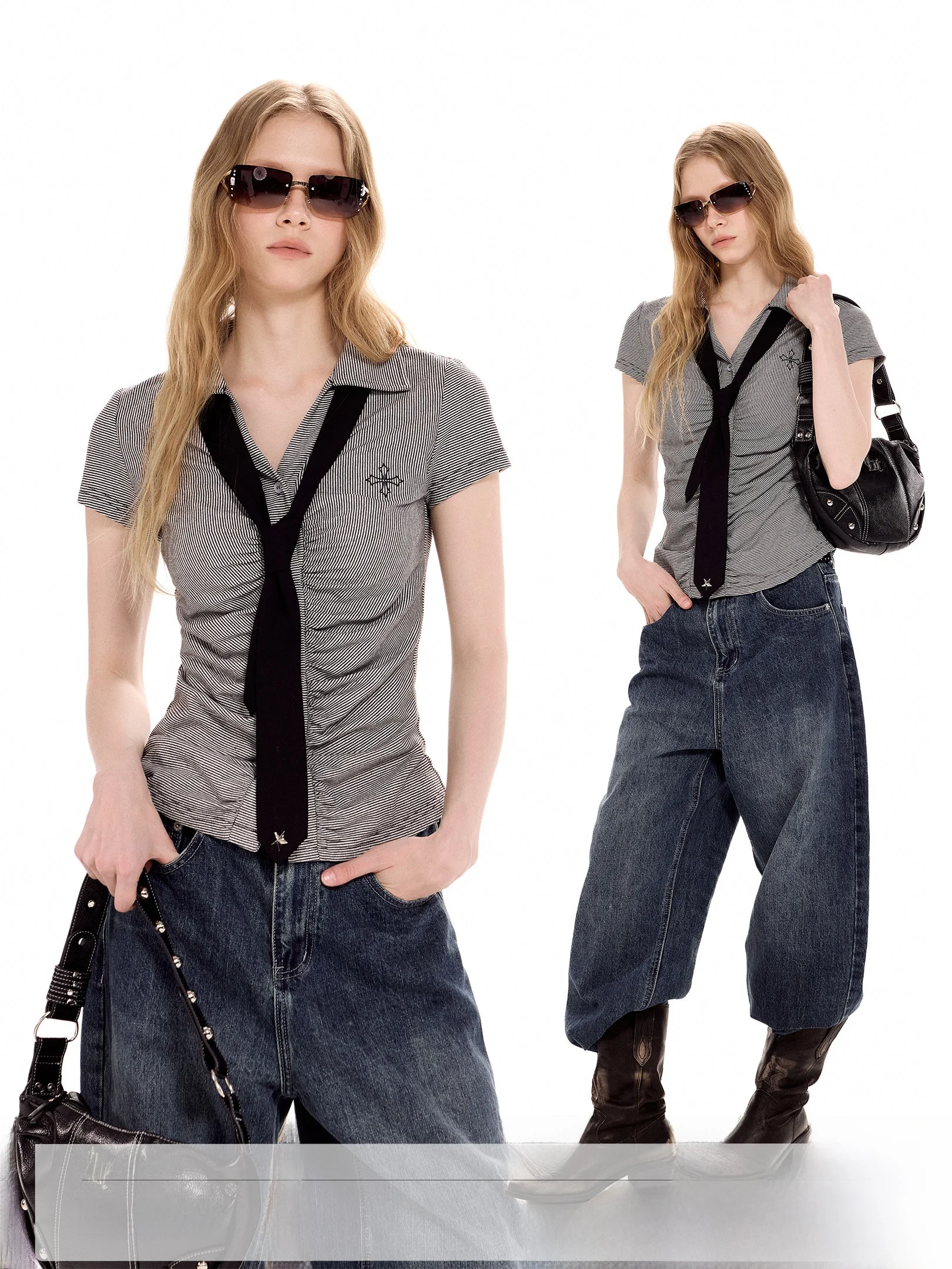 

Ich Mode Women's Slim Fit irt Summer Design V-Ne ort Sve Waist-Cinching Stripe Pattern Vintage Sle Faion Top