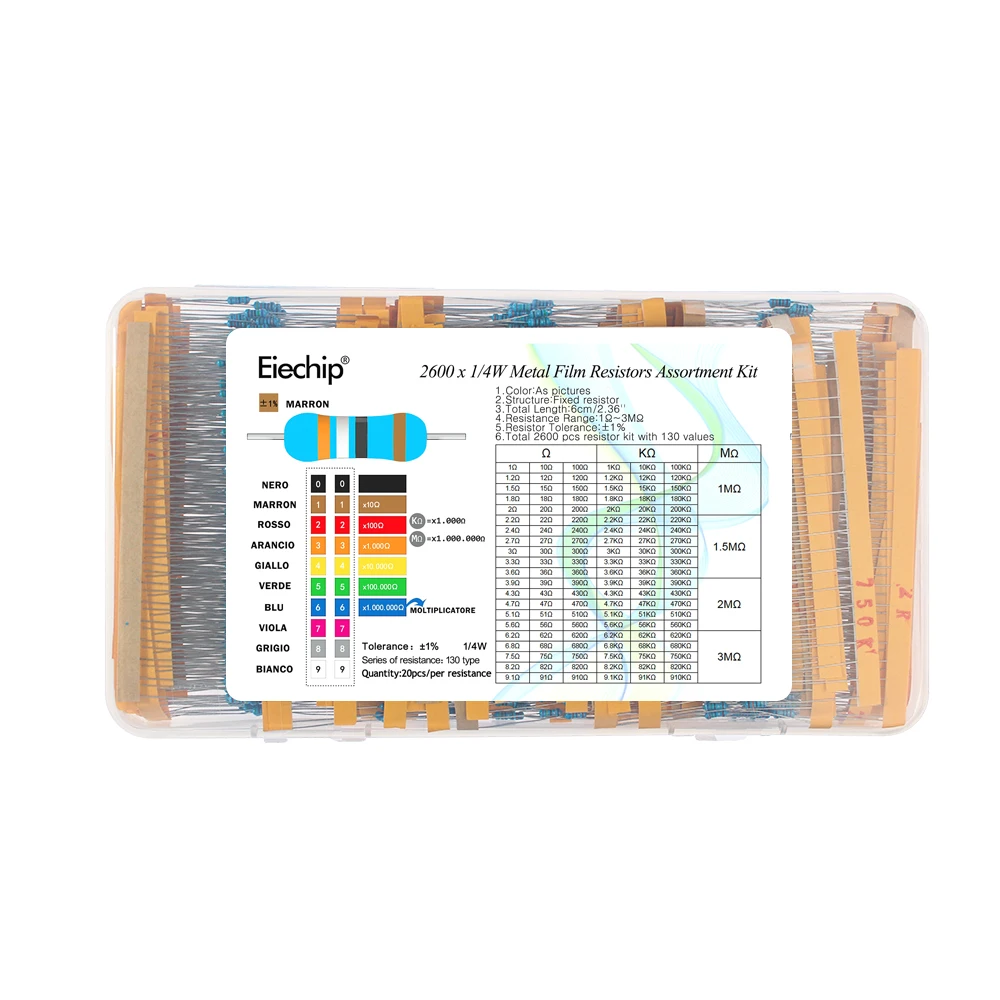 2600PCS/Set 130 Kinds 1/4W Resistance 1% Metal Film Resistor 1ohm-3M Resistors Assortment Kits Fixed Resistor with Box