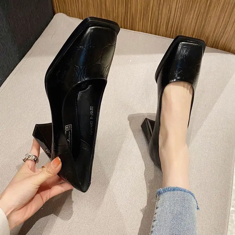 Shoes for Woman 2024 on Heeled White Women\'s Summer Footwear Platform Office High Heels Square Toe Pumps Chic and Elegant Dress