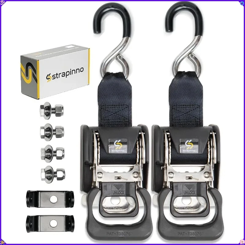 2-Piece 1 7/8" x 4' Stainless Steel Retractable Ratchet Straps - 1,650 lb Breaking Strength for Easy and Convenient Use