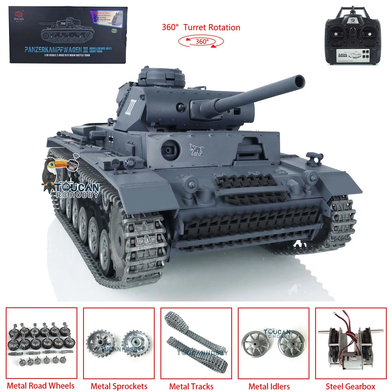 Henglong 1/16 7.0 RTR RC Tank Panzer III L 3848 Custom Metal Tracks Wheels Remote Control Model for Collectors