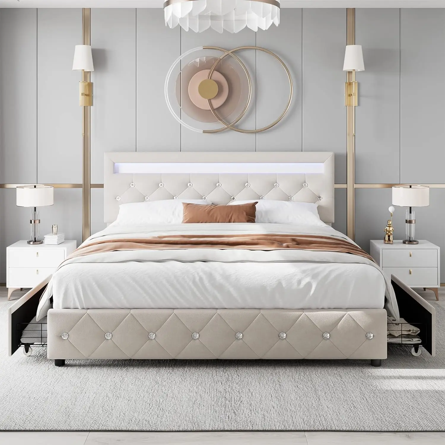 LED Bed Frame,Velvet Upholstered Platform Bed with Adjustable Crystal Button Tufted Headboard and Solid Wooden Slats