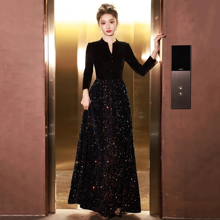 Customized Black Prom Dresses A-Line Sequin Dresses Woman Party Night Prom Dresses with Sleeves