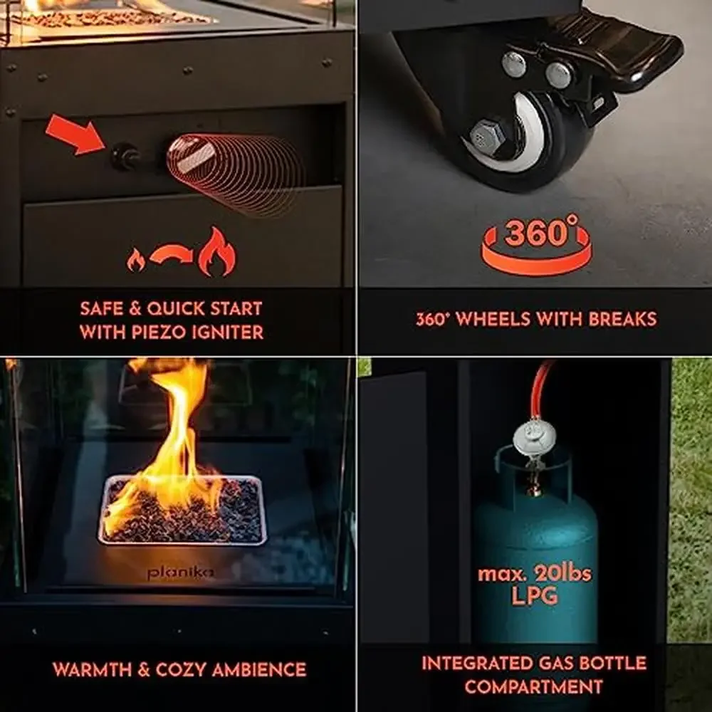 Outdoor Propane Gas Heater Black Fire Pit 360-Degree Flame Smokeless Heat Patio Heater 41K BTU 55h Burning Time Wheels & Glass