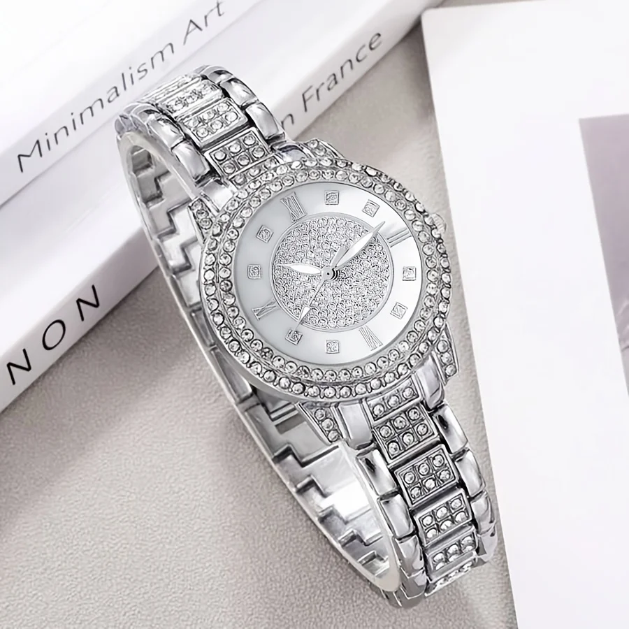 Women\'s Watch Luxury Rhinestone Quartz Watch Rome Fashion Analog Wrist Watch & 6pcs Jewelry Set, Gift For Mom Her