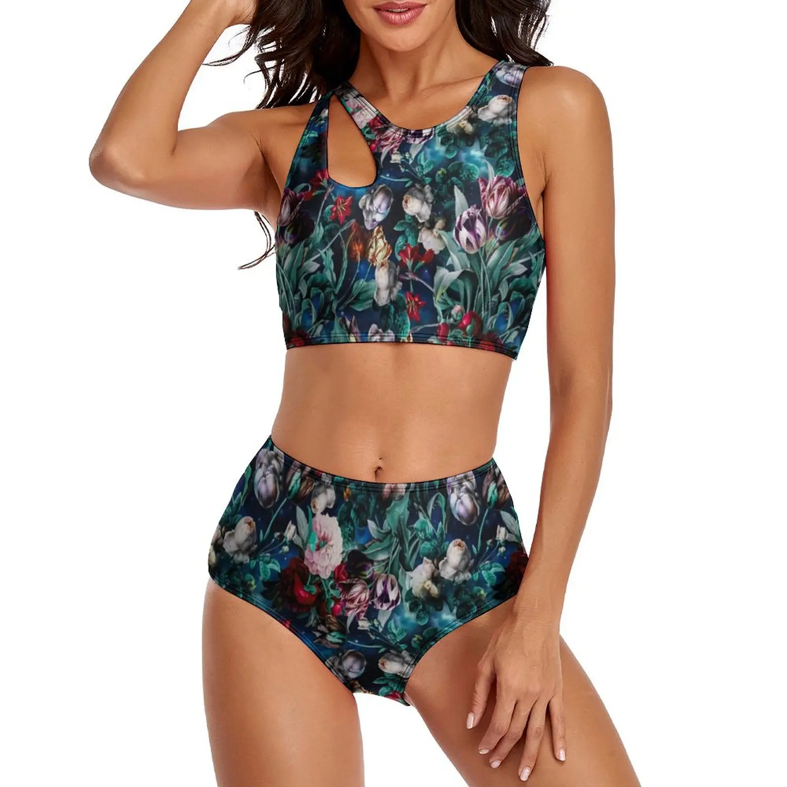 

Vintage Floral Bikini Swimsuit Sexy Night Forest Graphic High Waist Bikini Set Two Piece Swimwear Push Up Surfing Beach Outfits