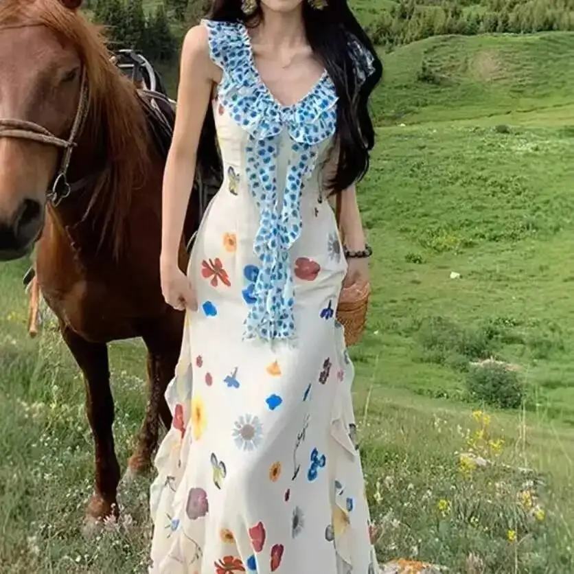 French Style Floral Print Off Shoulder Maxi Women's Casual Summer Beautiful Long Dress Empire Waist Ankle Length Skirt