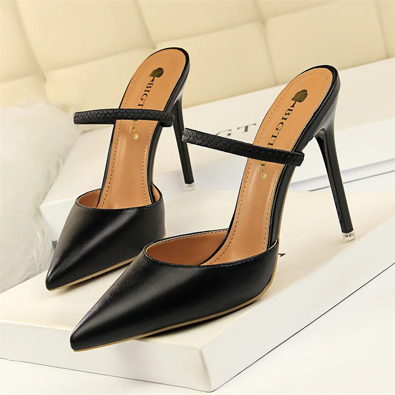 Retro Simple Women Summer Slippers Pu Leather High Heels Sandals Shallow Mouth Pointed Toe Cool Stiletto Fashion Pumps