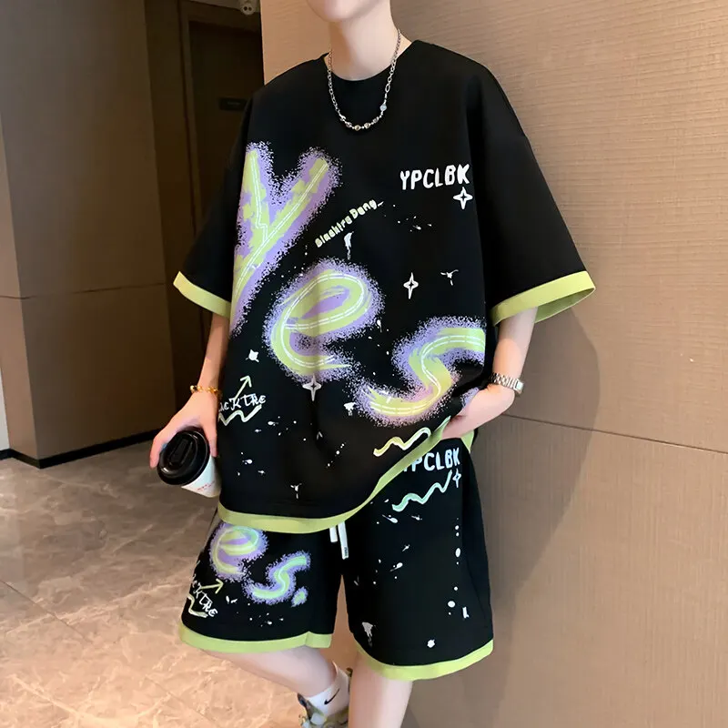

Fashion 2025 Summer Short Sleeve Men's Sets Clothing Casual T-Shirts & Shorts Youth High Streetwear Tops Tees & Knee-Length Pant