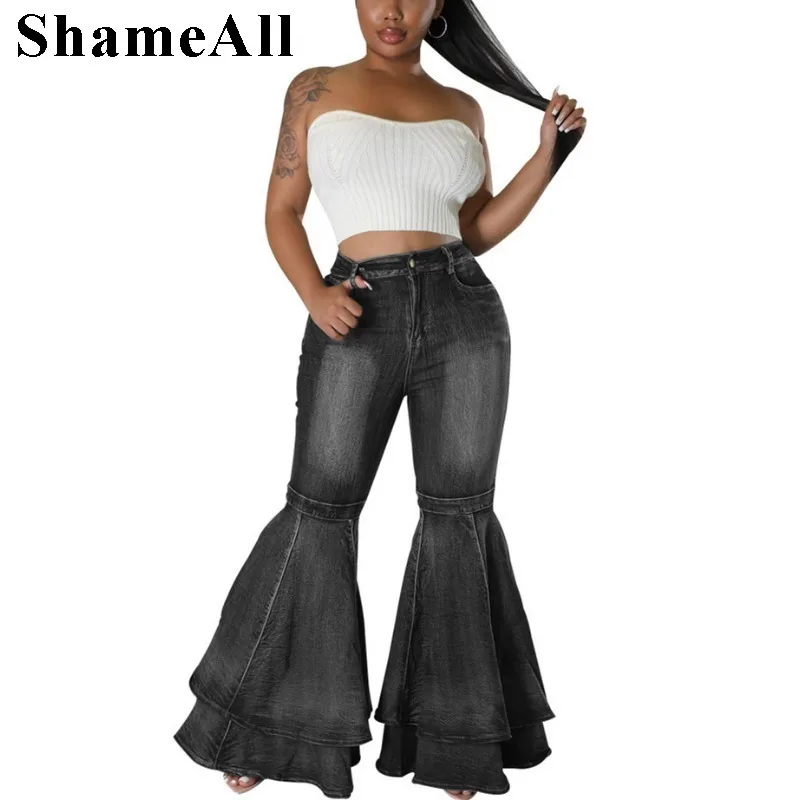 Women's Ultra-Long Double-Layer Flared Jeans ,Fashion Splicing Layers Flared  Wide Leg Jeans