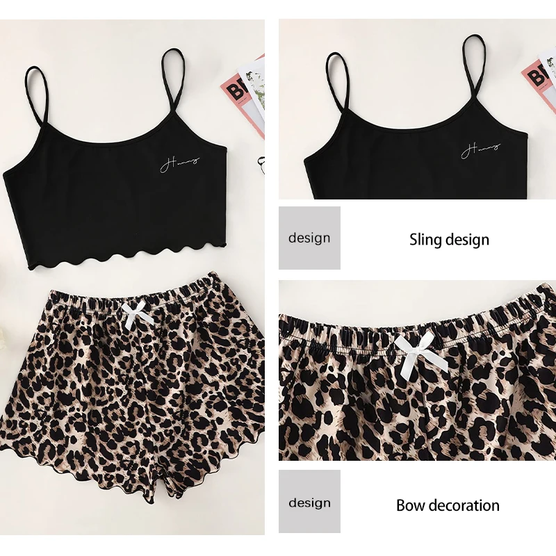 Fashionable New Letter Camisole Vest Paired with Leopard Print Bow Shorts Summer Casual Home Clothing Set