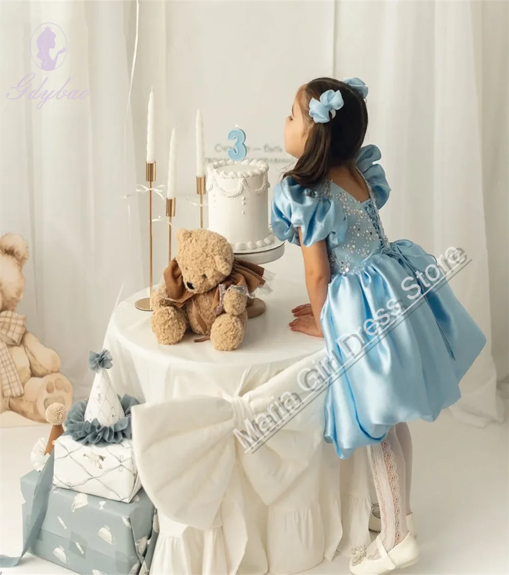 

Синее милое новогоднее свадебное платье для девочек, пышное атласное платье с блестками, подходящее для детской одежды на день рождения, вечернее платье