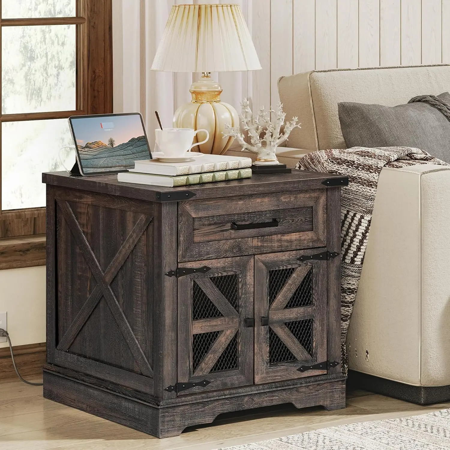

Rustic Charging End Table Sofa Side Nightstand Drawer Outlet 24in Living Room Dark Wood, Customized