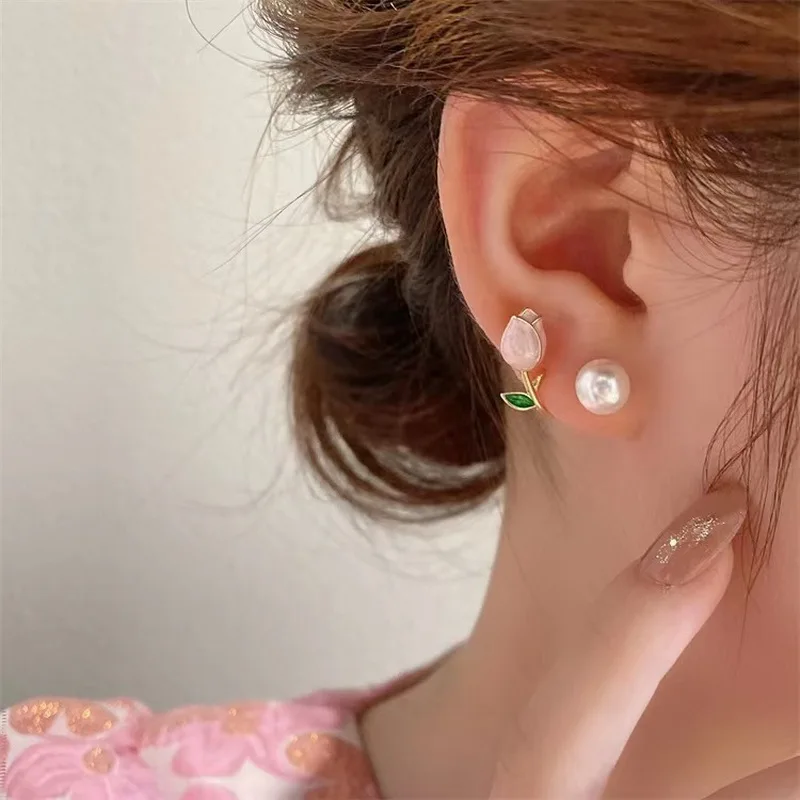 French Light Luxury Pink Tulip Flower Pearl Stud Earrings For Women Korean Zircon Exquisite Earring Party Christmas Jewelry Gift