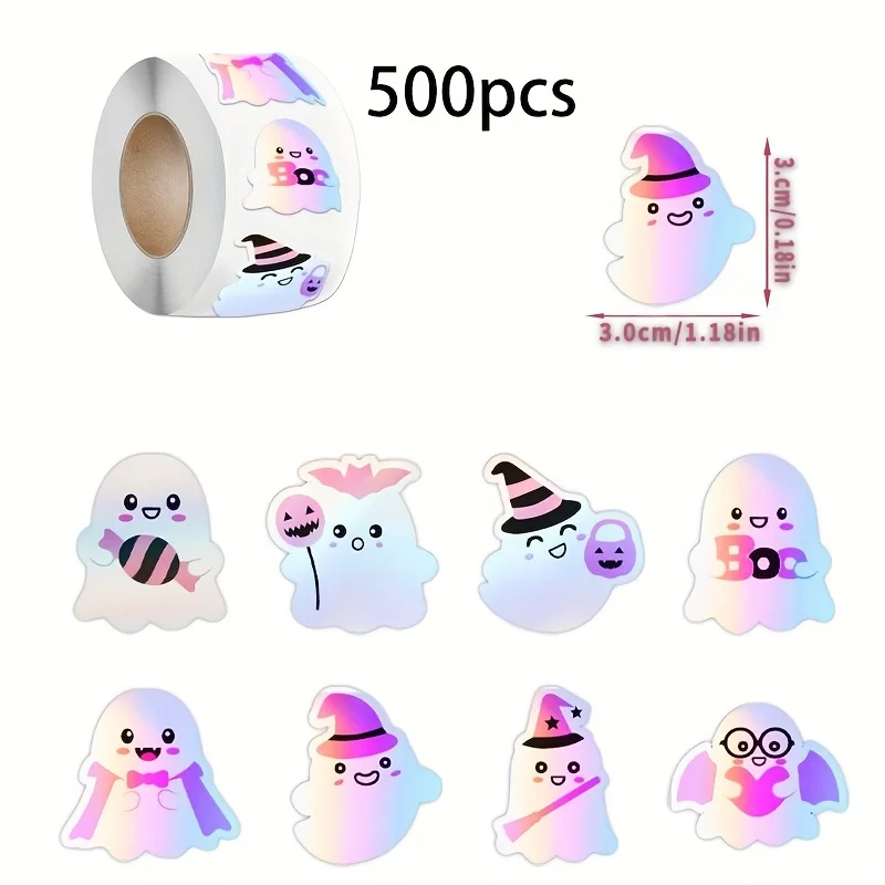 Lebendige Regenbogenfarben und schillernde glänzende Halloween-Aufkleber – gruselige Designs – langlebige Papier-Klebeetiketten für die Geschenkverpackung – Detail 1