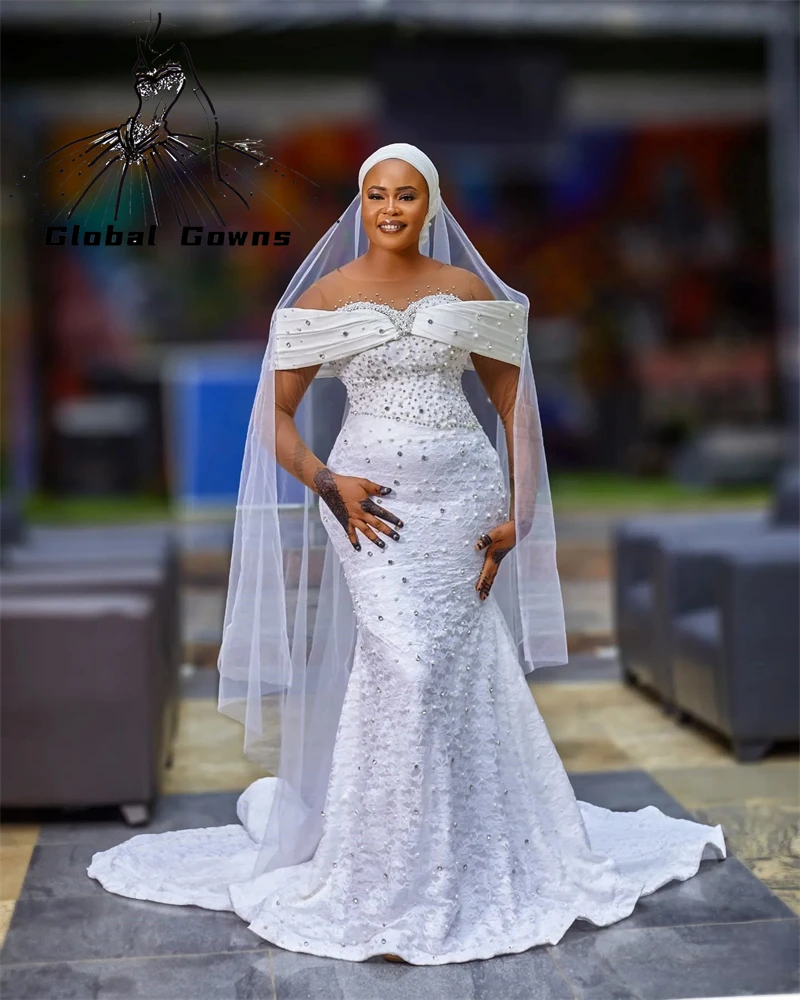 

Black Girl White O Neck Pearls Wedding Dresses Bead Off The Shoulder Prom Dress Lace Full Sleeve Mermaid Formal Gowns Customized
