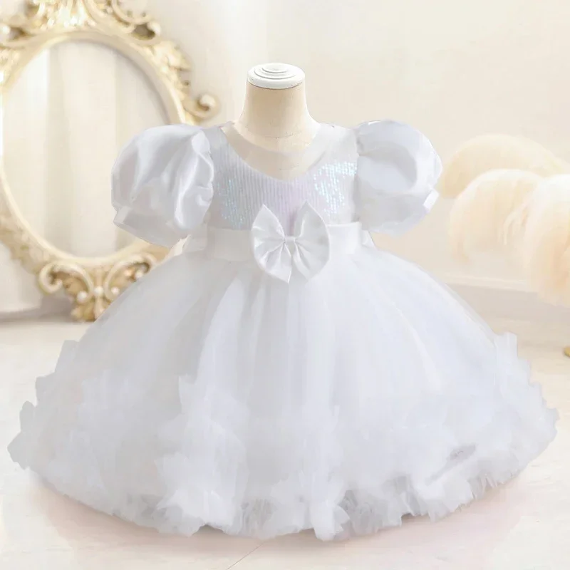 Bowknot Birthday Party Dress for Girl Puff Sleeve Elegant Kids Appliques Princess Dress Sequins Wedding Holiday Baby Girls Dress