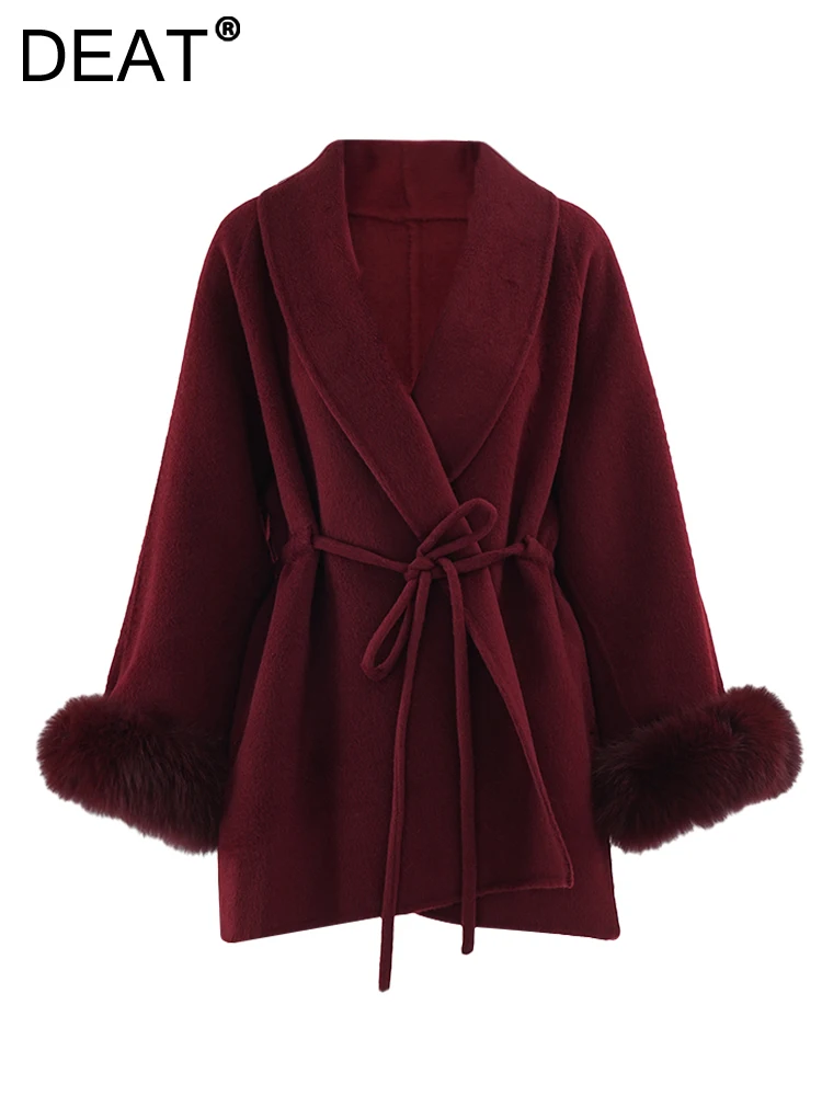 DEAT Fashion Women Woolen Coat Drawstring Lapel Faux Fur Cuffs Retractoin Waist Short Warm Jackets Winter 2024 New Tide CPG2463