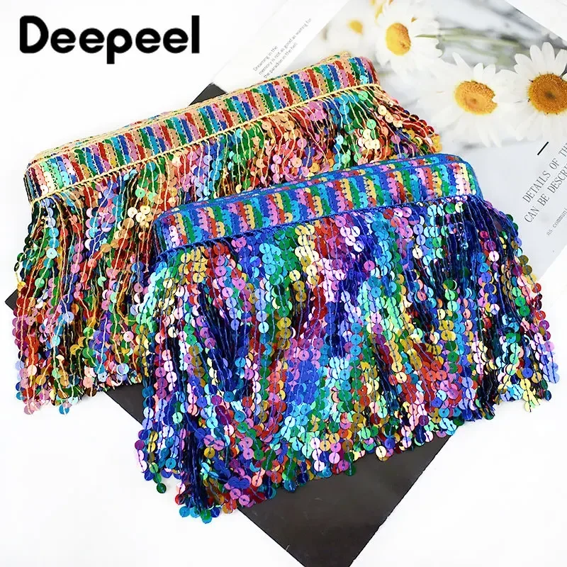 

2/5Yards 16cm Rainbow Sequin Embroidered Tassel Fringe Trim Retro Ethnic Ribbons for Latin Dance Clothes Skirt Trimming Material