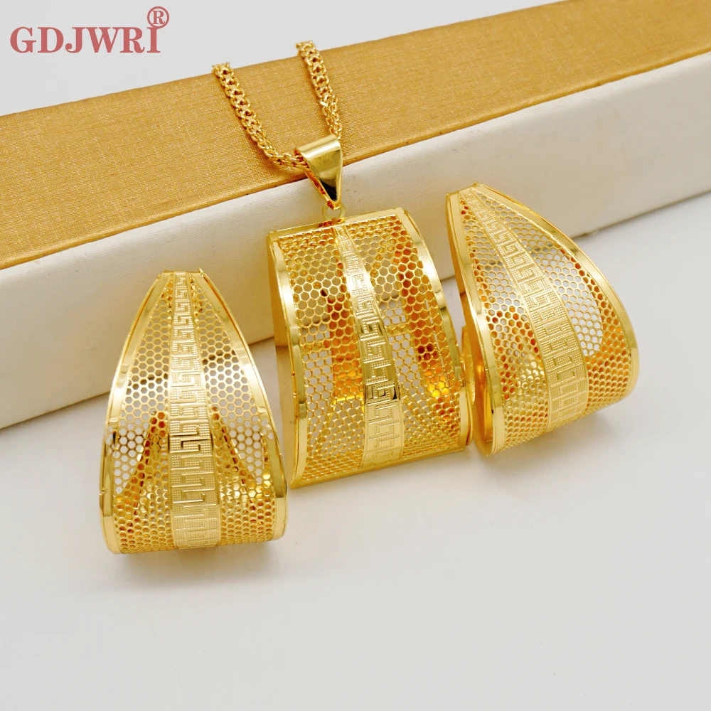 

Luxury African Gold Color Classic Elegant Jewelry Set Necklace Pendant & Earrings Jewellery For Young Lady Engagement Party Gift