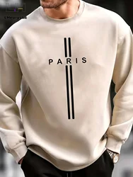 Men's autumn and winter casual sports loose oversized Paris print with fleece warm pullover round neck long sleeved sweatshirt