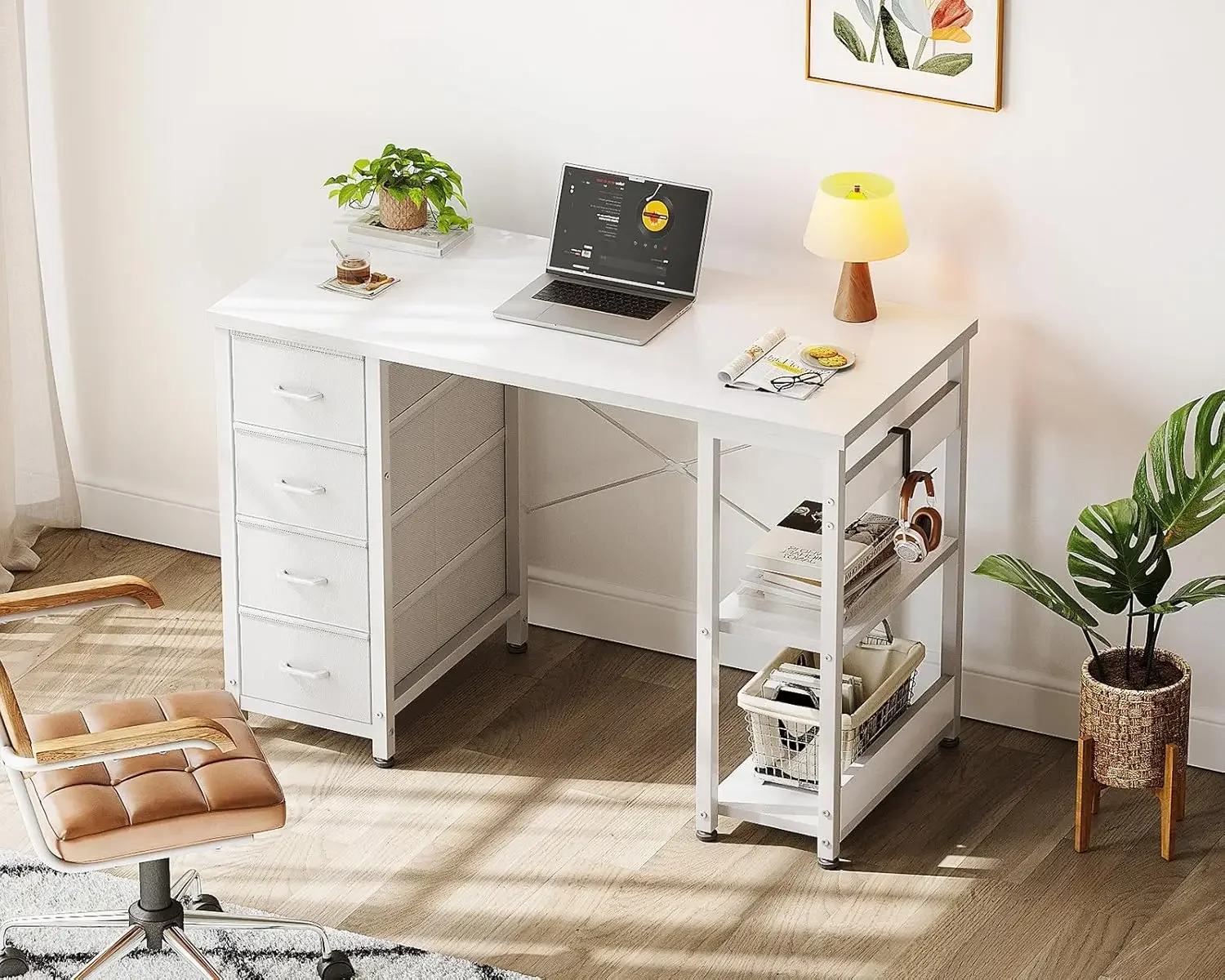 40 Inch Small White Computer Desk with 4 Fabric Drawers, Modern Writing PC Desk