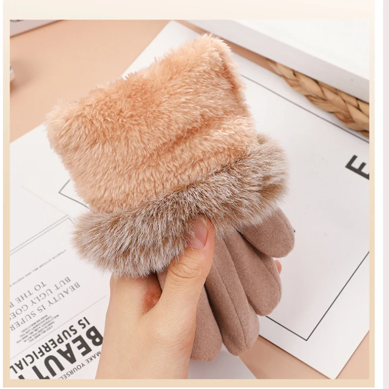 Women Winter Keep Warm Touch Screen Plus Cashmere Thicken Gloves Cycling Drive Elegant Bow Plush Wrist Anti Slip Windproof