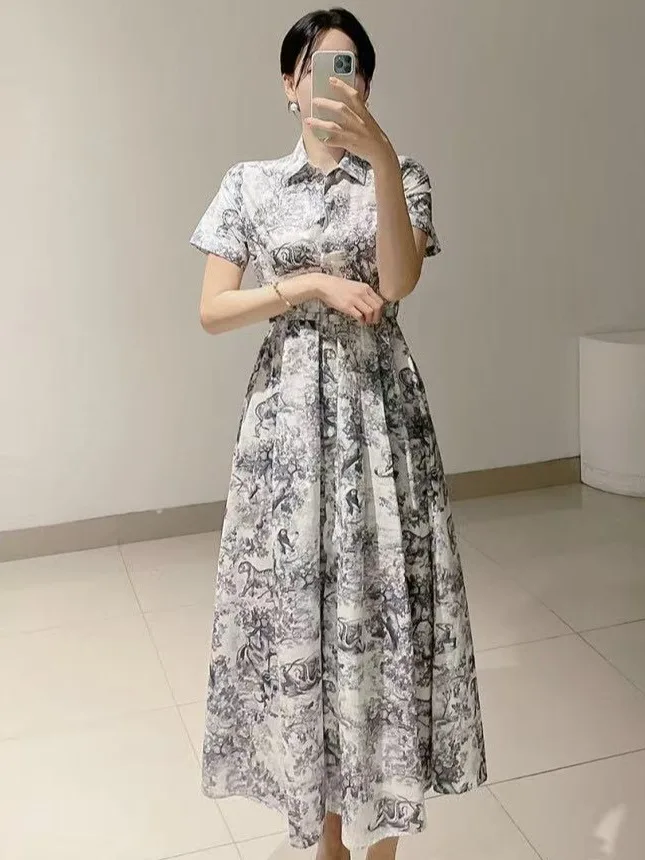 

Ele Vintage Watercolor Oil Painting High Waist Over-Knee Dr Women's Chic Slimming Stand Collar Midi Dr Summer 2025