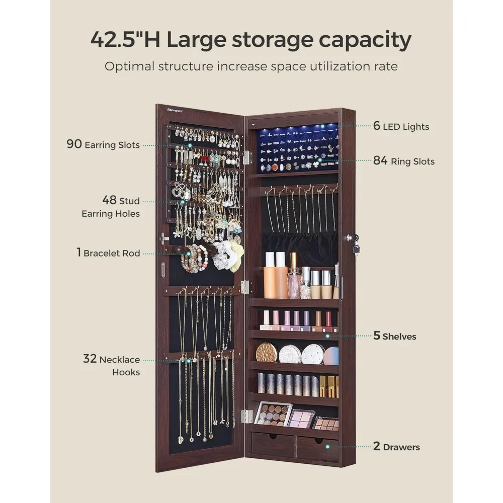 Wisząca szafka na biżuterię, szafka naścienna z oświetleniem wewnętrznym LED, montowany na drzwiach organizer na biżuterię, lustro pełnowymiarowe