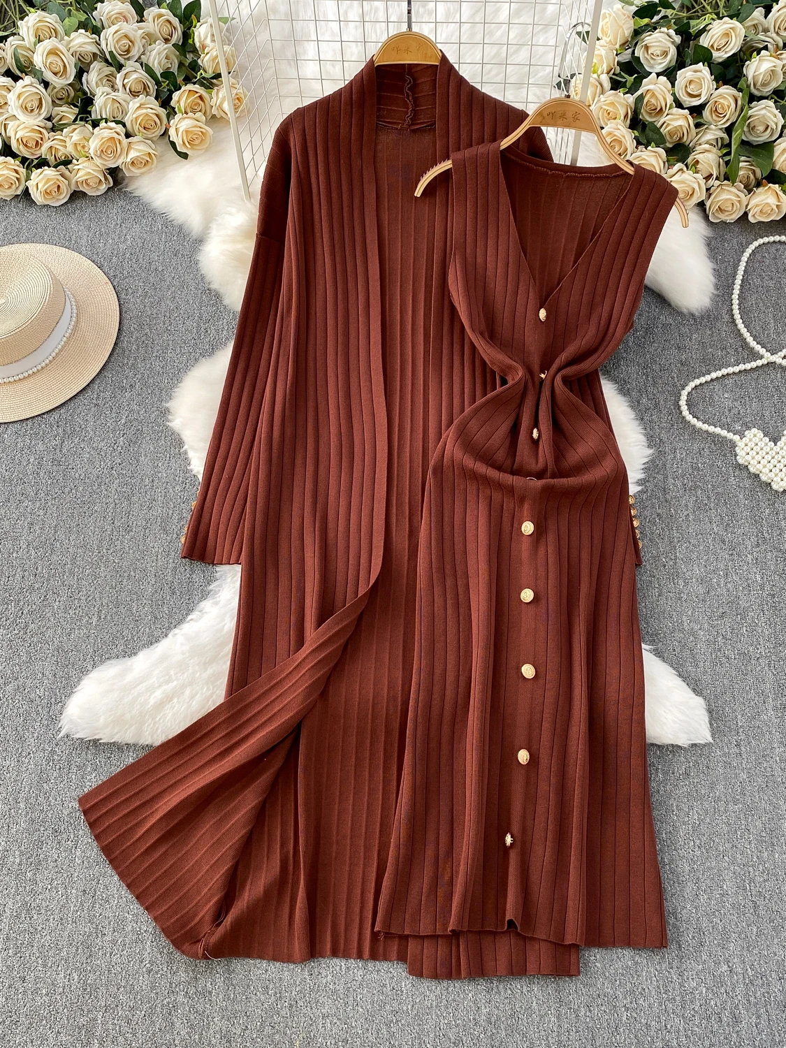 

Ele вязаное пальто с запахом Jaet средней длины плюс металлический синий жилет Dr Set модный осенний наряд для женщин