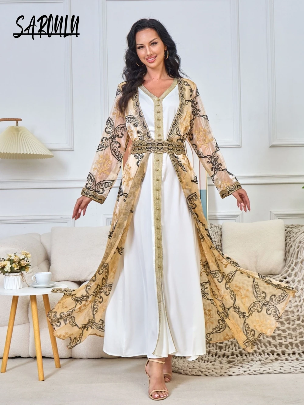 

Classy Muslim V Neck Evening Dress A Line Party Customized 2025 Dubai Robe Kaftan Embroidery Long Sleeves Fashion Prom Gown