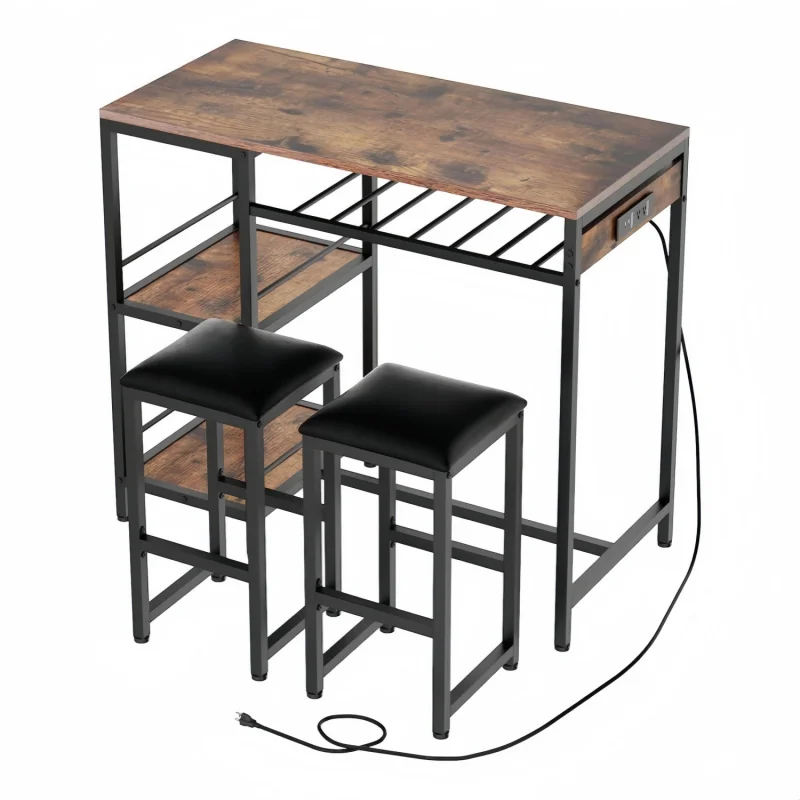 custom.2 Piece Bar Table Chair Set Power Outlet 2 Storage Shelves Wine Rack Glass Holder Pub Living Room Dining Room Apart
