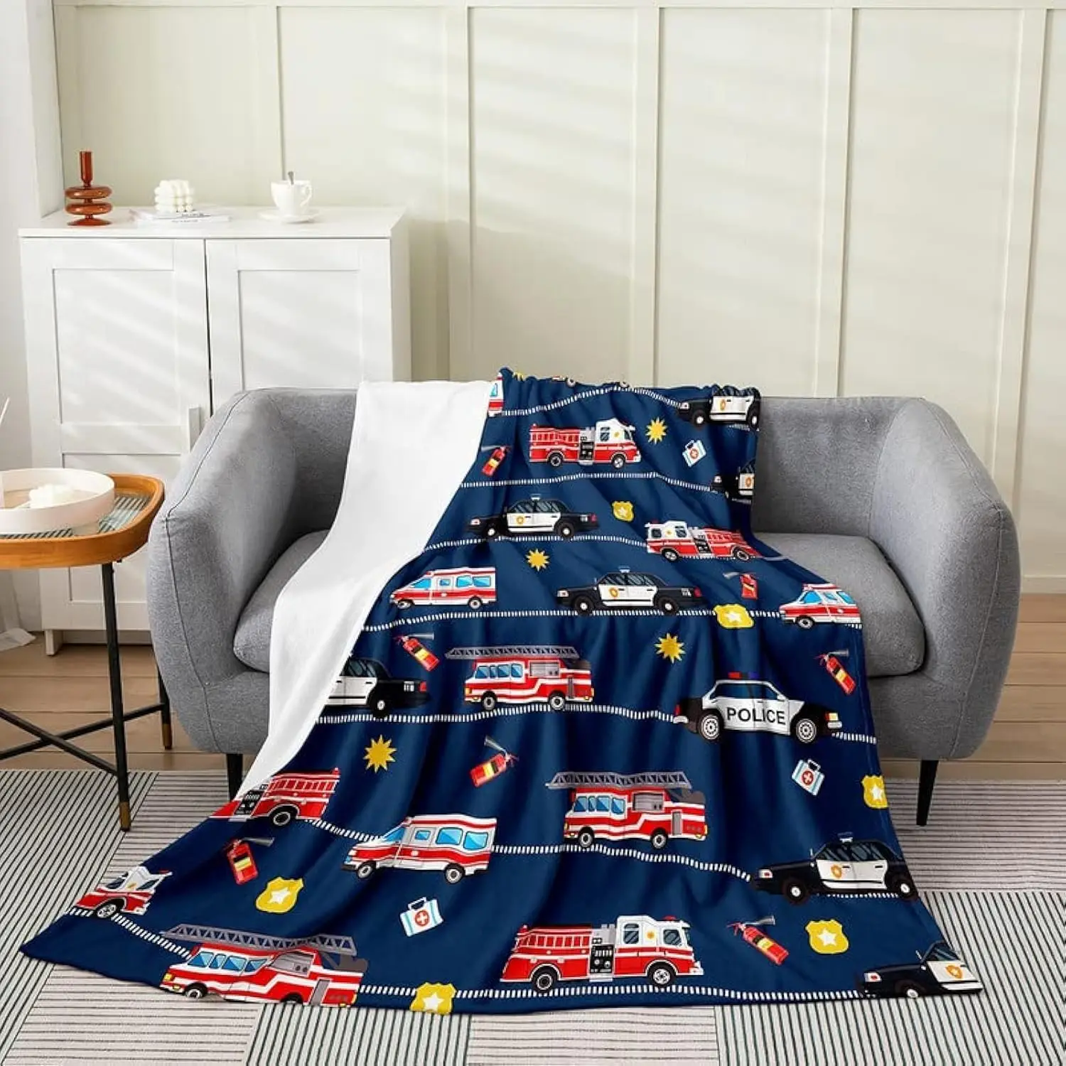Fire Truck Car All Season,Bed Blanket Firefighter Plush Throw Blanket, Police Car Flannel Fleece