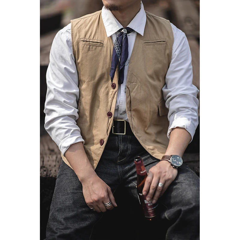 

Vintage Amekaji Carvas Vest Men Spring Autumn New Multi-pocket Workwear Waistcoat Retro Casual Solid Color Hunting Fishing Vest