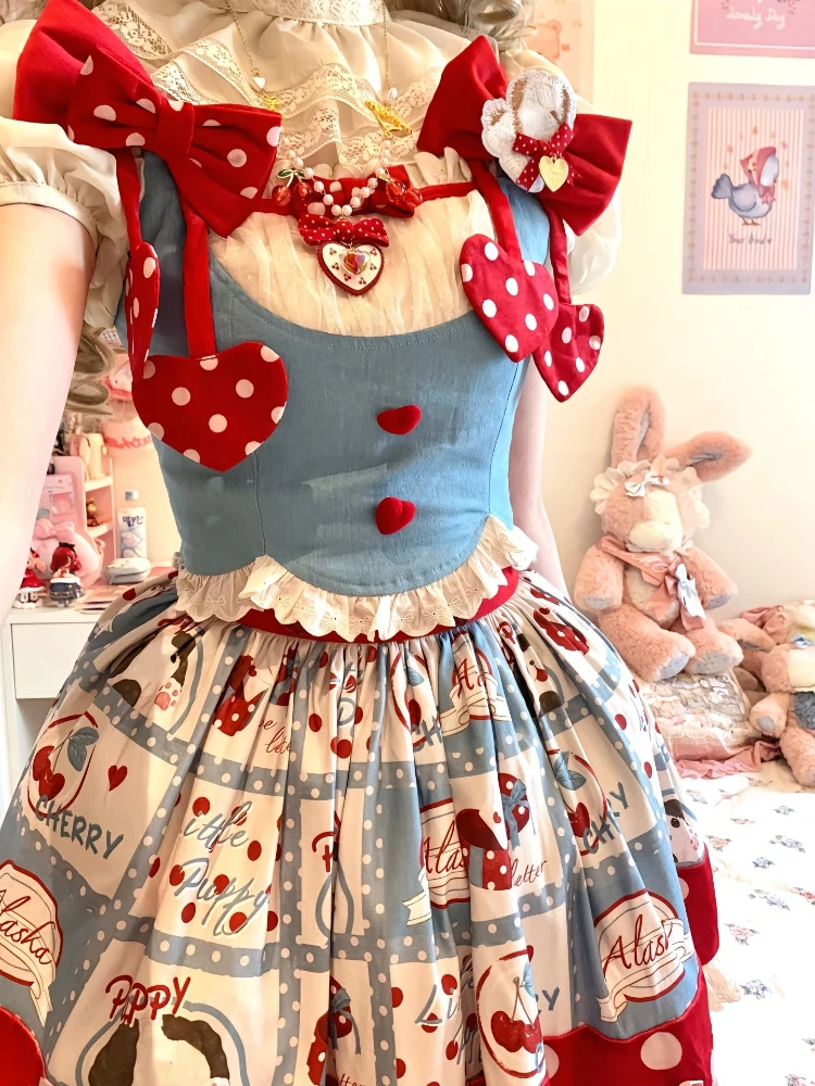 Conjunto de 2 piezas de falda de Lolita japonesa para mujer, traje de encaje con lazo, Tops cortos delgados Y2k, Mini falda con estampado de diseño lindo, Verano