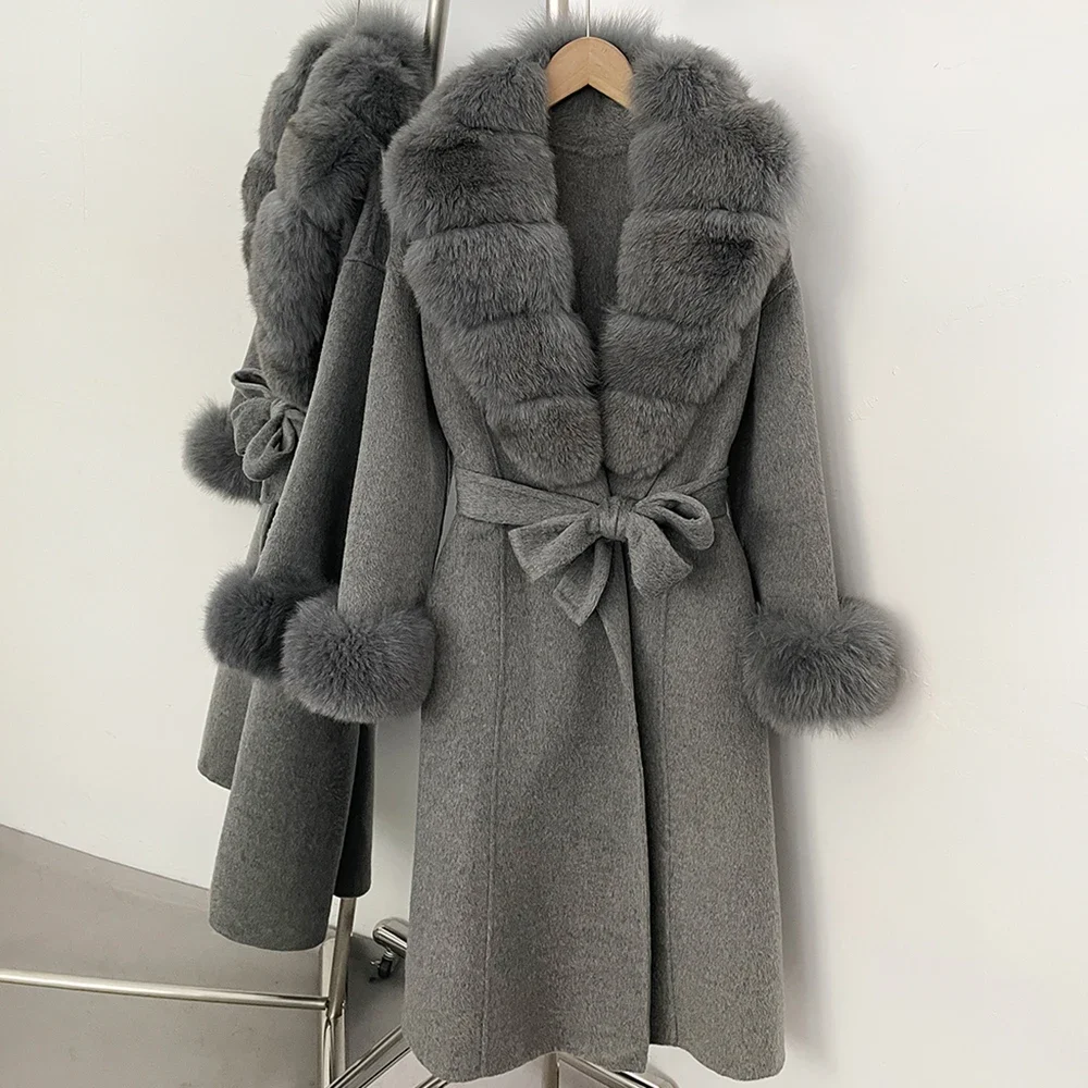 OFTBUY Neue Luxus-Winterkleidung Damen Mittellanger 100% Wollmantel Echter Fuchspelzkragen Gürtel-Wickeljacke aus Wolle für Damen – Detail 30