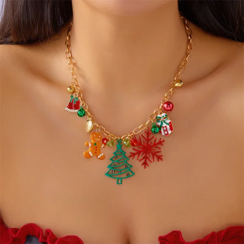 

Cute Christmas Necklaces for Women Colorful Bells Snowfake Deer Santa Pendant Clavicle Choker Party New Year Gifts