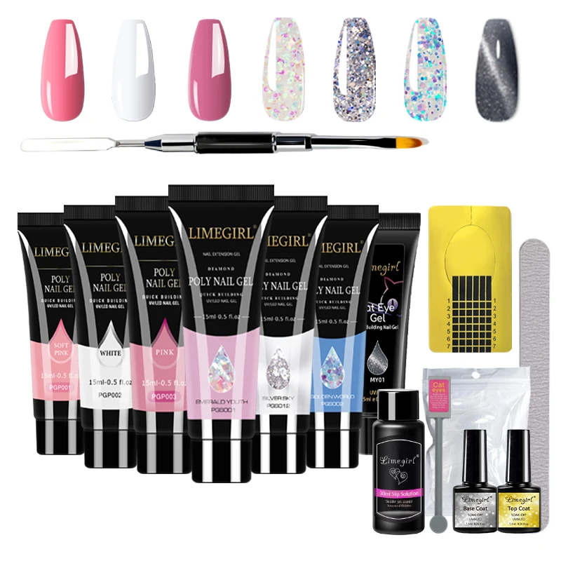 Limegirl Extension Gel Nail Polish Kit Glitter Cat Eye Nail Gel Permanent All in One Quick Extension Kit Nail Acrylic Gel Polish