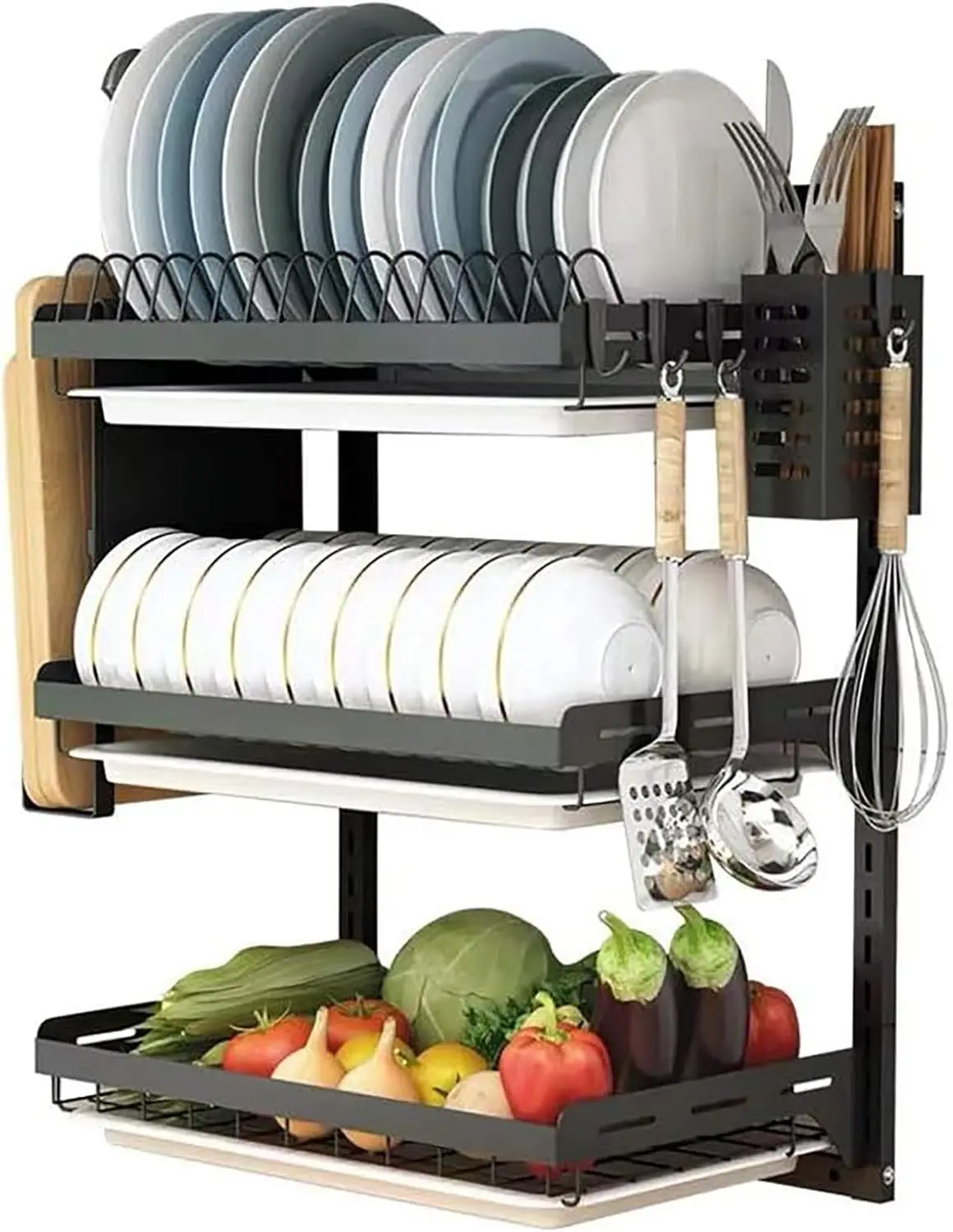 

3 Tier Black Stainless Steel Dish Drying Rack Fruit Vegetable Storage Basket with Drainboard and Hanging Chopsticks Cage Knife H