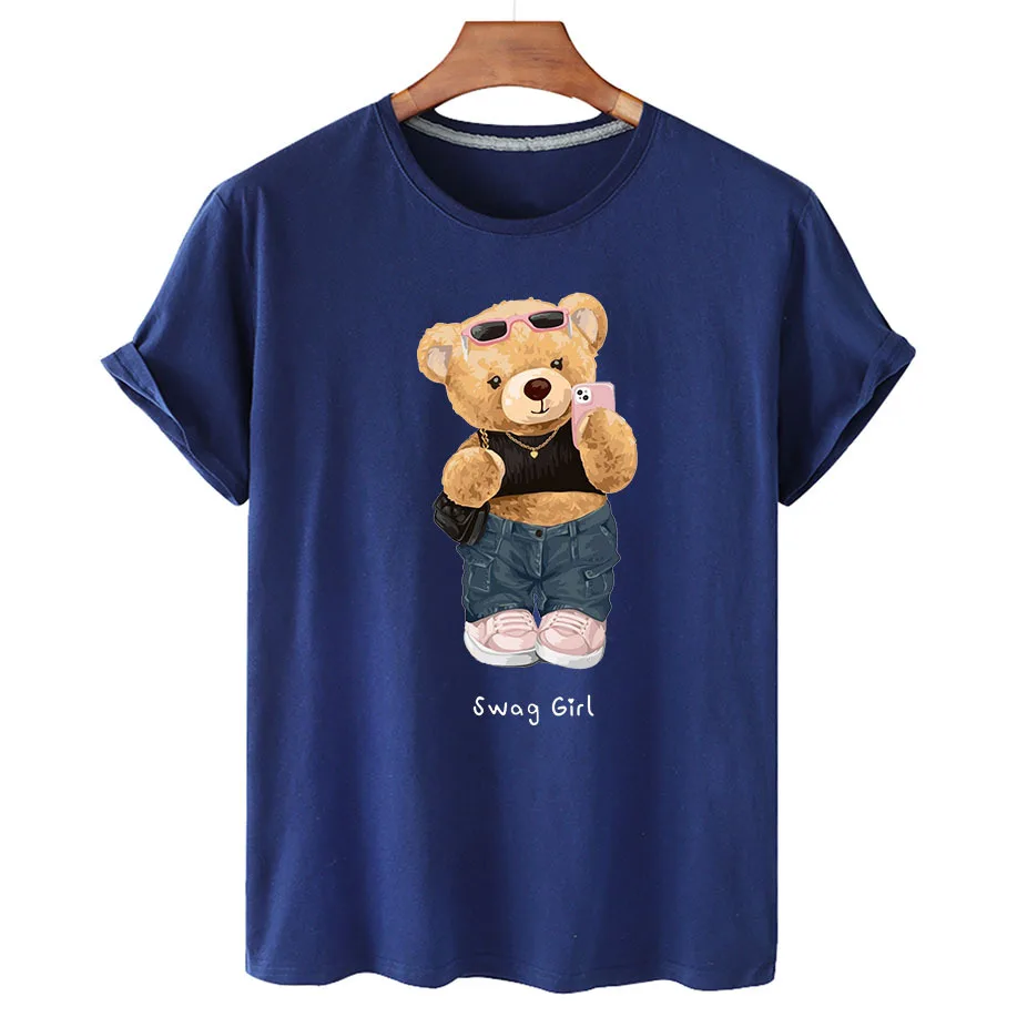 100% Cotton Photo Bear Print T-shirt Women's Summer Short Sleeve T-shirt 2022 Women's Fashion Shirt Unisex O-Neck T-shirt S-4XL