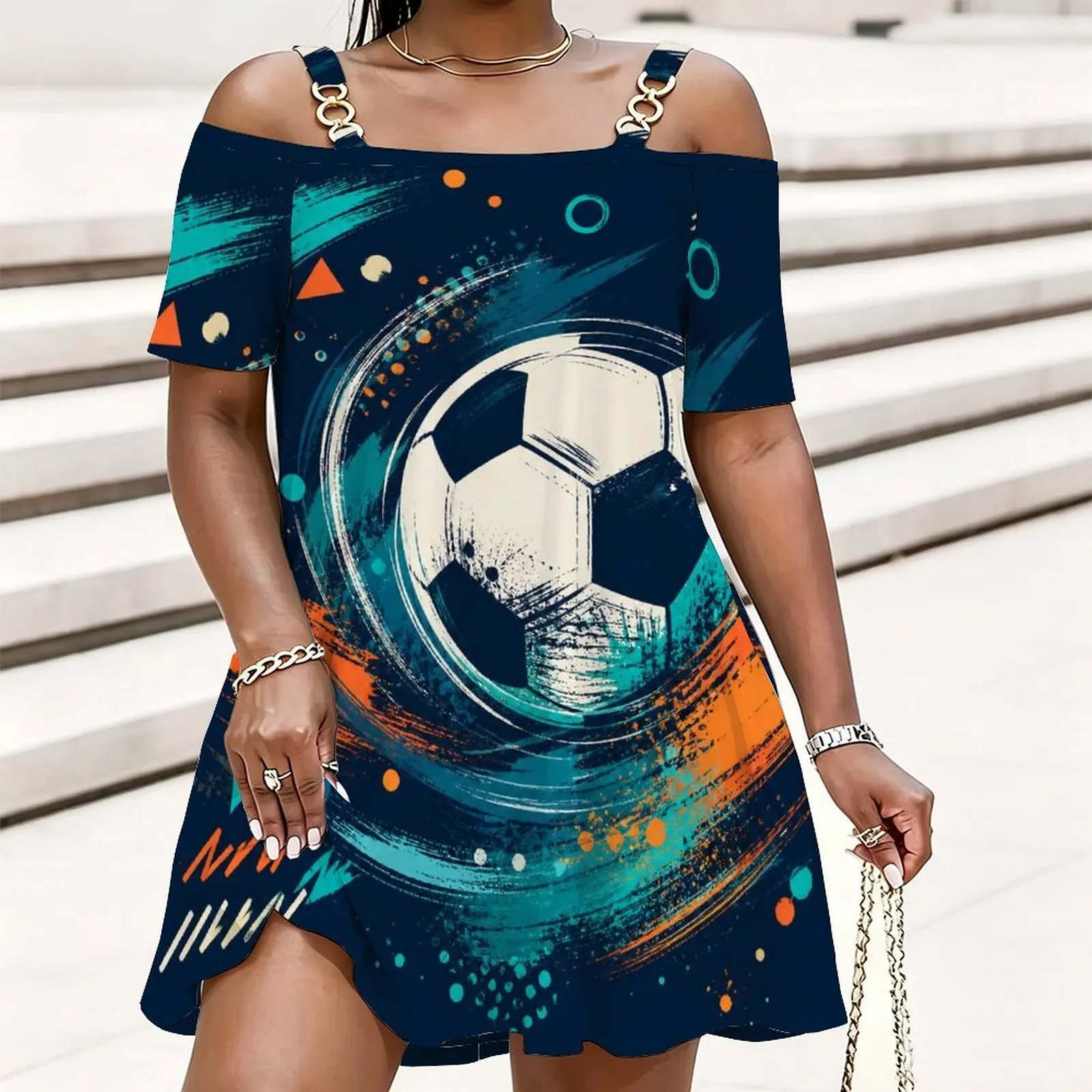 Women Soccer Ball Printed Cold Shoulder Chain Strap Short Sleeve Loose Longline Top