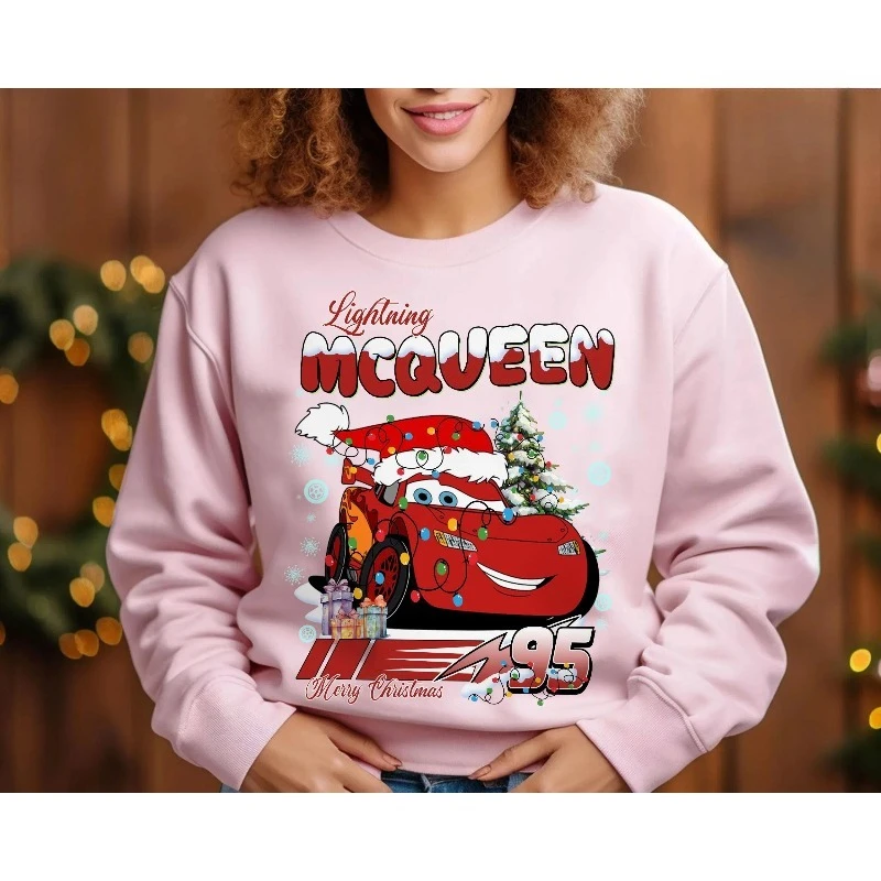 سويت شيرت Lightning McQueen Christmas Retro Cartoon Car لعيد الميلاد الخفيف، بلوفر مريح برقبة دائرية لخريف وشتاء